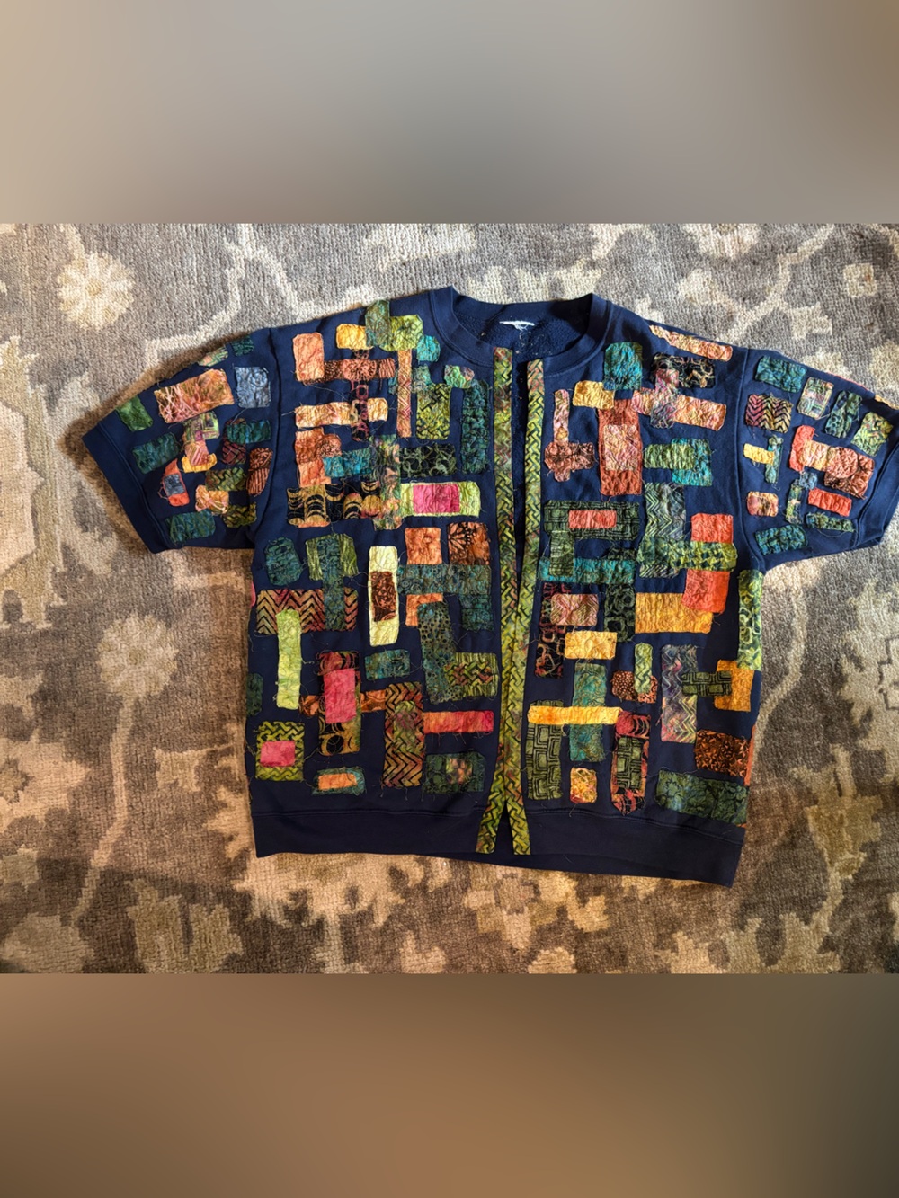 Vtg Boho Patchwork Gold Metallic Thread Blue Jacket Top Sweatshirt M L